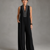 Velmira | Embroidered V Neck Sleeveless Wide Leg Jumpsuit