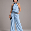 Zephyrine | Contrast Trim Halter Neck Wide Leg Jumpsuit