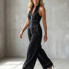 Dara | Zip Front Contrast Stitch Wide Leg Jumpsuit