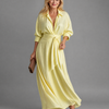 Zelith | Belted Collared Flowing Long Sleeve Midi Dress