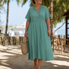 Eupherene | Textured V Neck Relaxed Short Sleeve Midi Dress