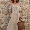 Vika | Off Shoulder Vertical Stripe Pattern Midi Dress