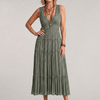 Somala | Pleated Sleeveless Tiered V Neck Midi Dress