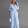 Emene | Draped V Neck Wide Leg Relaxed Jumpsuit