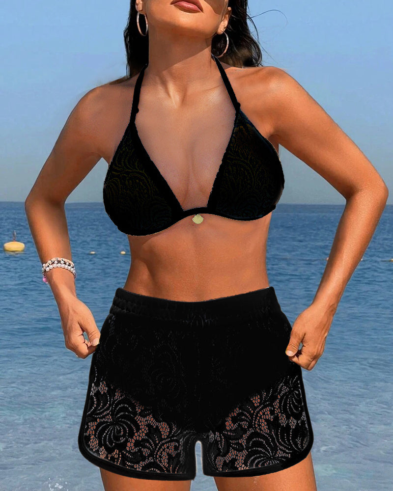 Lara | Chic Solid Color Lace Bikini Ensemble