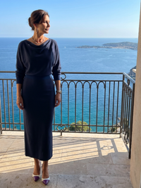 Romy | Draped Neckline Fitted Skirt Midi Dress
