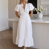 Okea | Short Puff Sleeve Waist Tie Midi Dress