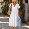 Melaris | Tiered V Neck Relaxed Short Sleeve Midi Dress
