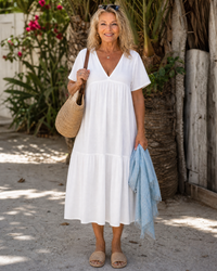 Melaris | Tiered V Neck Relaxed Short Sleeve Midi Dress