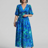 Candlia | Puff Sleeve V Neck Abstract Print Midi Dress
