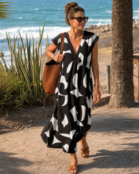 Verain | Abstract Print V Neck Flowing Midi Dress