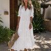 Elkaline | Eyelet Lace Tiered V Neck Midi Dress
