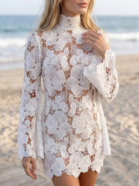 Izmane | Floral Lace High Neck Long Sleeve Mini Dress