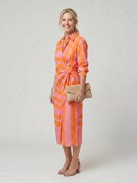 Leya | Long Sleeve Collared Wrap Stripe Pattern Midi Dress
