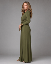 Vimmer | Draped Deep V Neck Long Sleeve Maxi Dress