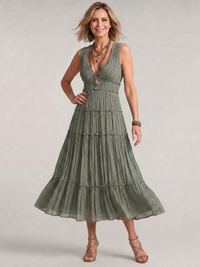 Somala | Pleated Sleeveless Tiered V Neck Midi Dress