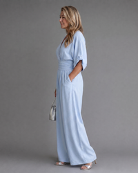 Emene | Draped V Neck Wide Leg Relaxed Jumpsuit
