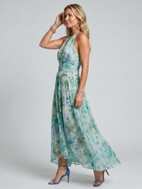 PORTIA | Pleated Halter Soft Floral Pattern Midi Dress
