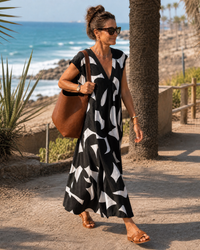Verain | Abstract Print V Neck Flowing Midi Dress