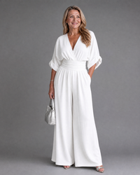 Emene | Draped V Neck Wide Leg Relaxed Jumpsuit