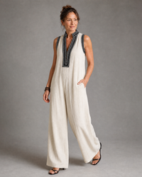 Velmira | Embroidered V Neck Sleeveless Wide Leg Jumpsuit