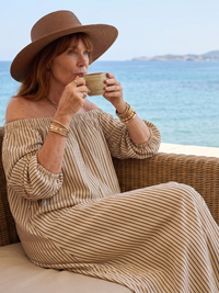 Vika | Off Shoulder Vertical Stripe Pattern Midi Dress