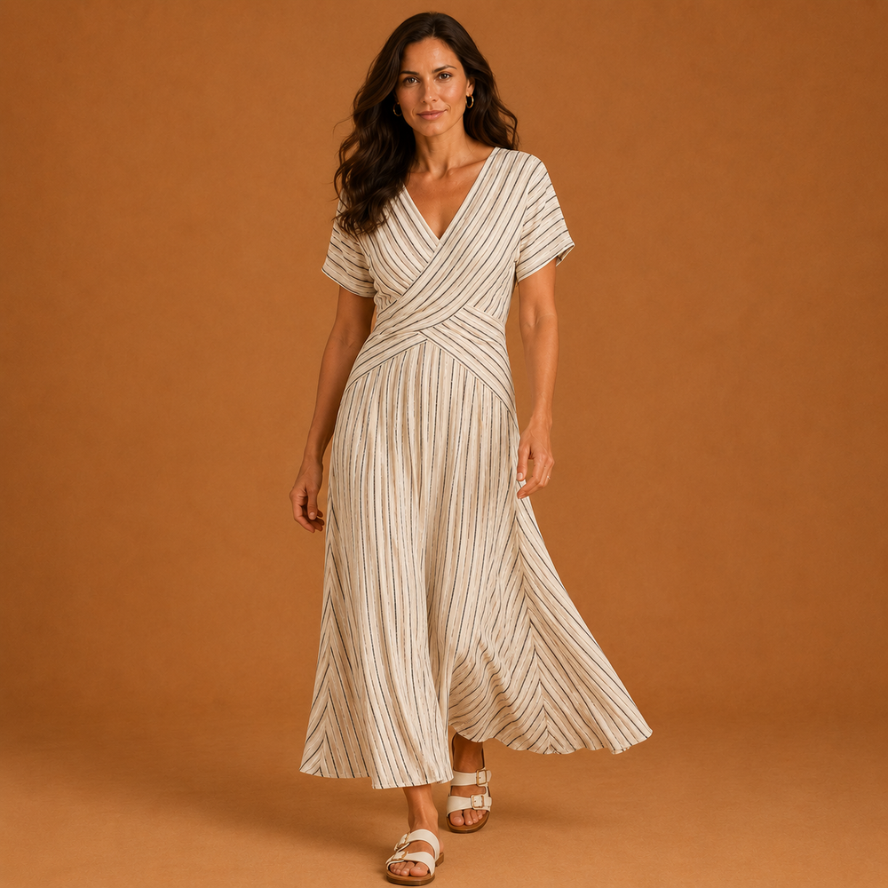 WHITNEY | V Neck Short Sleeve Cross Waist Midi Dress