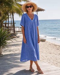 Thamal | Washed Cotton Blend V Neck Relaxed Midi Dress