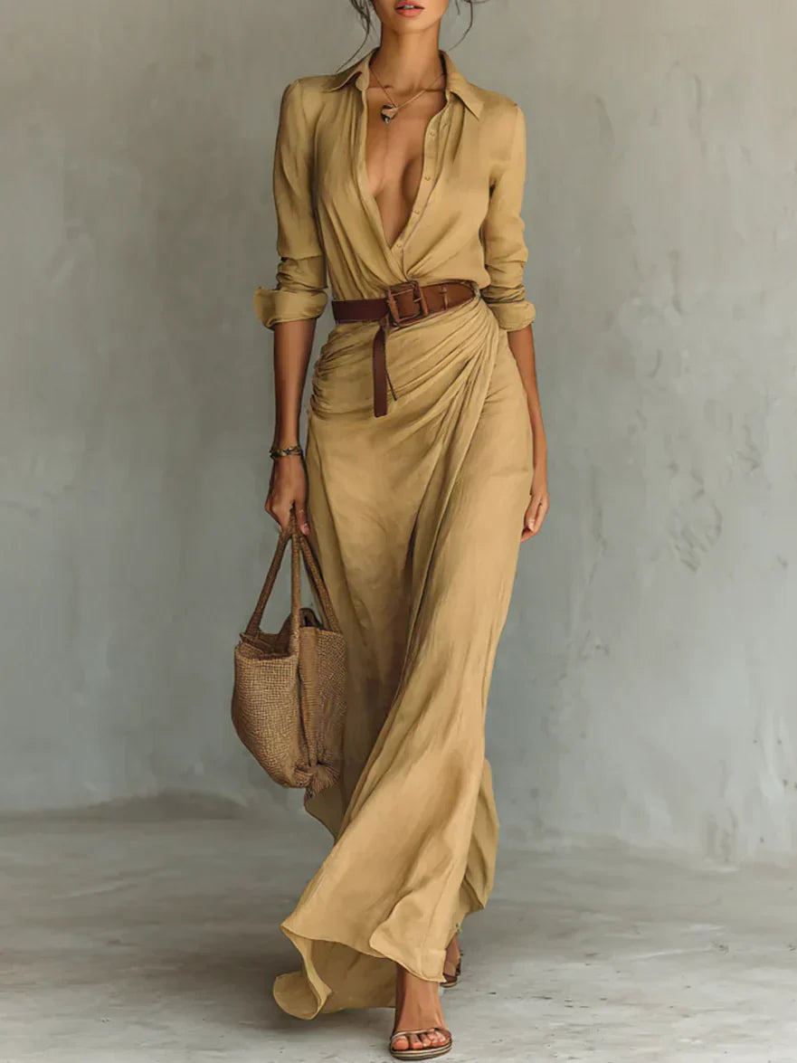 Camille™ | Maxi dress with lapels and belt at the waist