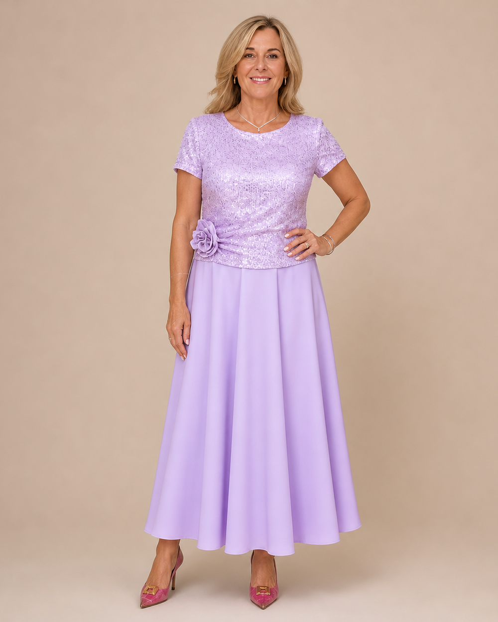 RENATA | Short-Sleeved Dress with Sequin Floral Bodice