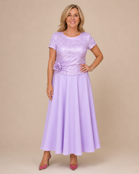 RENATA | Short-Sleeved Dress with Sequin Floral Bodice