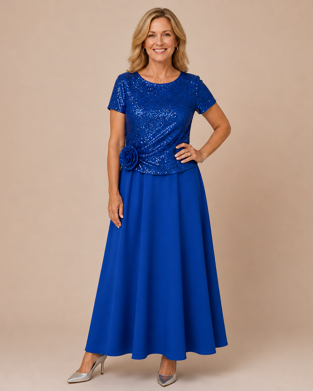 RENATA | Short-Sleeved Dress with Sequin Floral Bodice