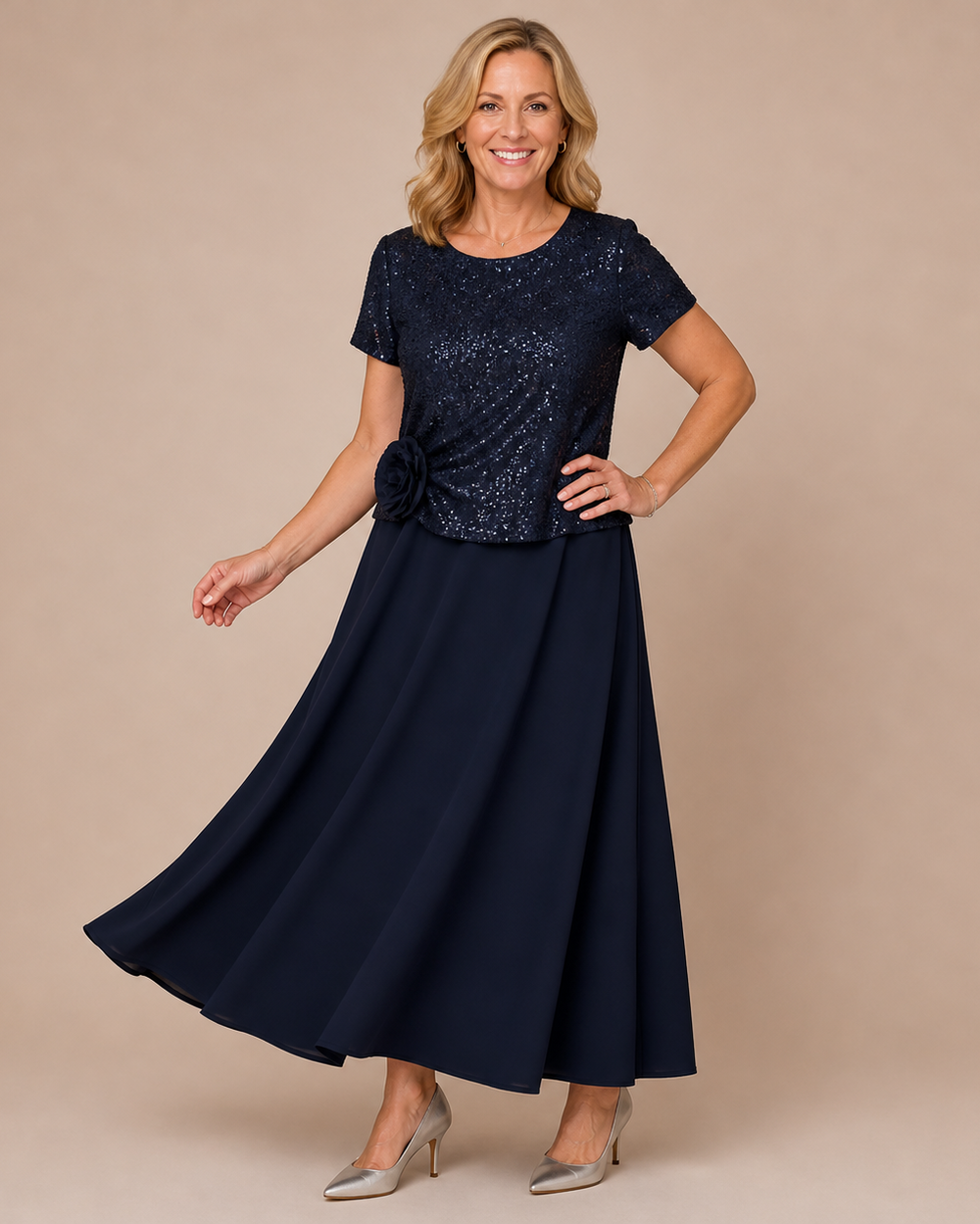 RENATA | Short-Sleeved Dress with Sequin Floral Bodice