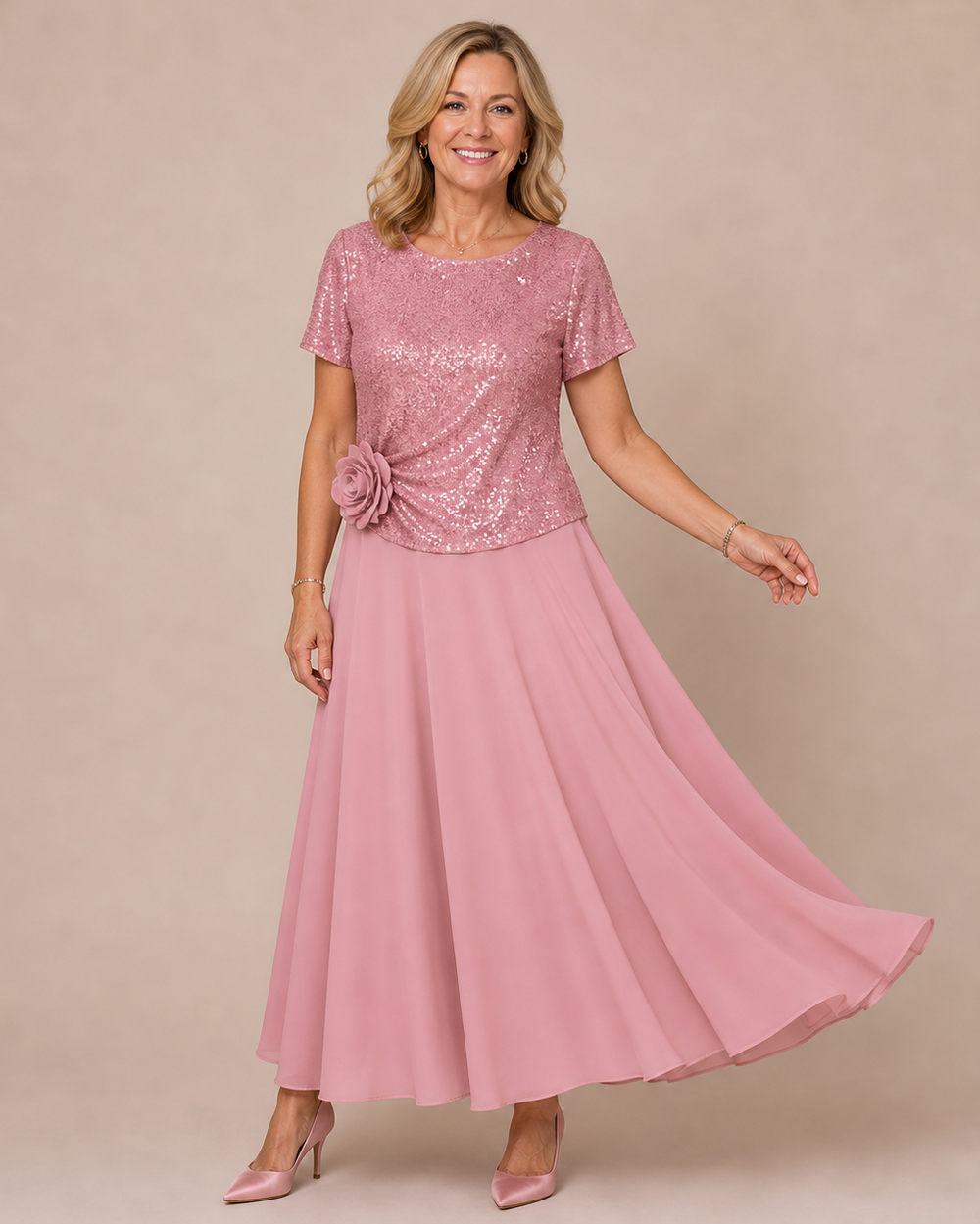 RENATA | Short-Sleeved Dress with Sequin Floral Bodice