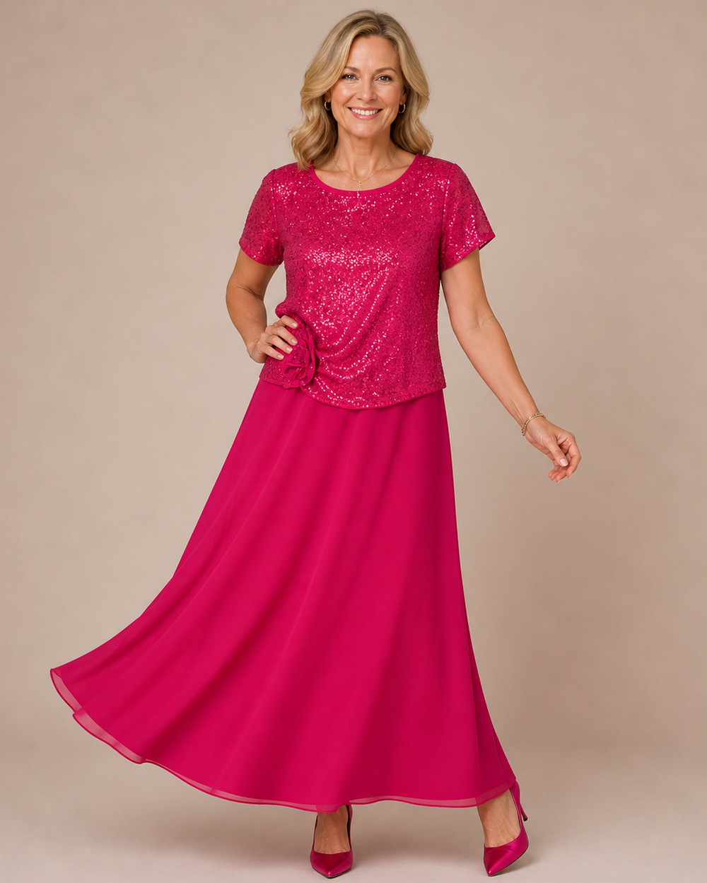 RENATA | Short-Sleeved Dress with Sequin Floral Bodice