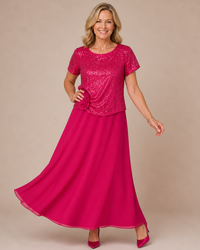RENATA | Short-Sleeved Dress with Sequin Floral Bodice
