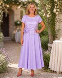 RENATA | Short-Sleeved Dress with Sequin Floral Bodice