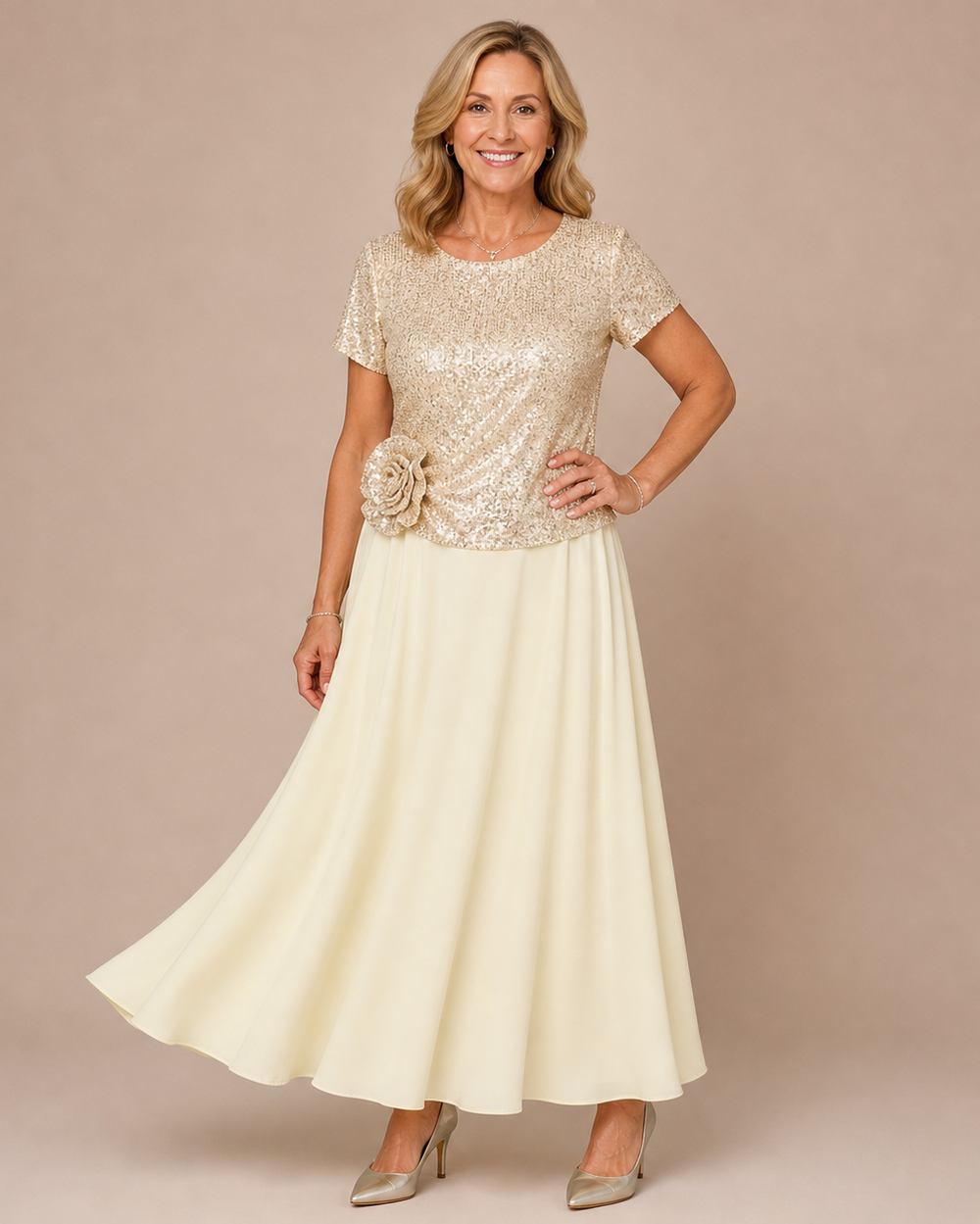 RENATA | Short-Sleeved Dress with Sequin Floral Bodice