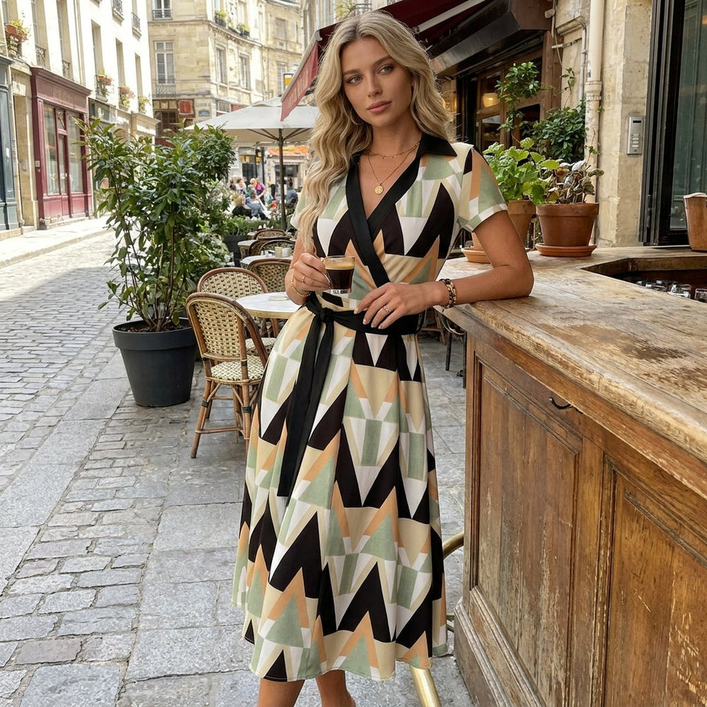 Rita | Geometric Midi Dress with V-Neck