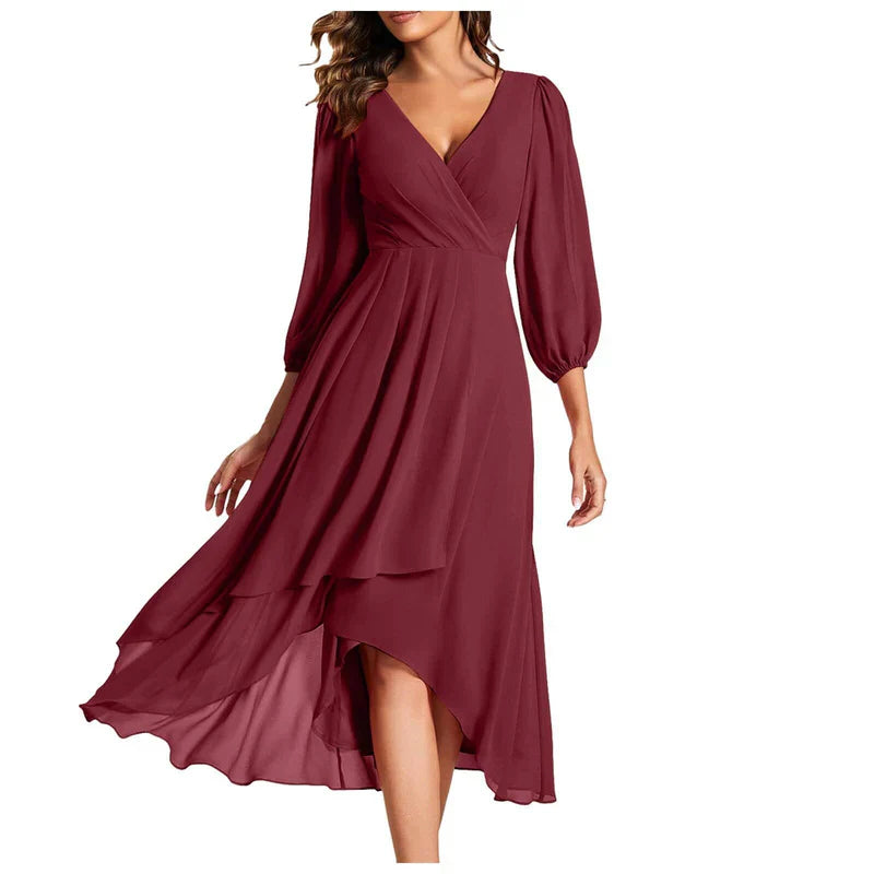 VITTORIA | Elegant dress with asymmetrical hem and flowing sleeves. Refined look for any occasion