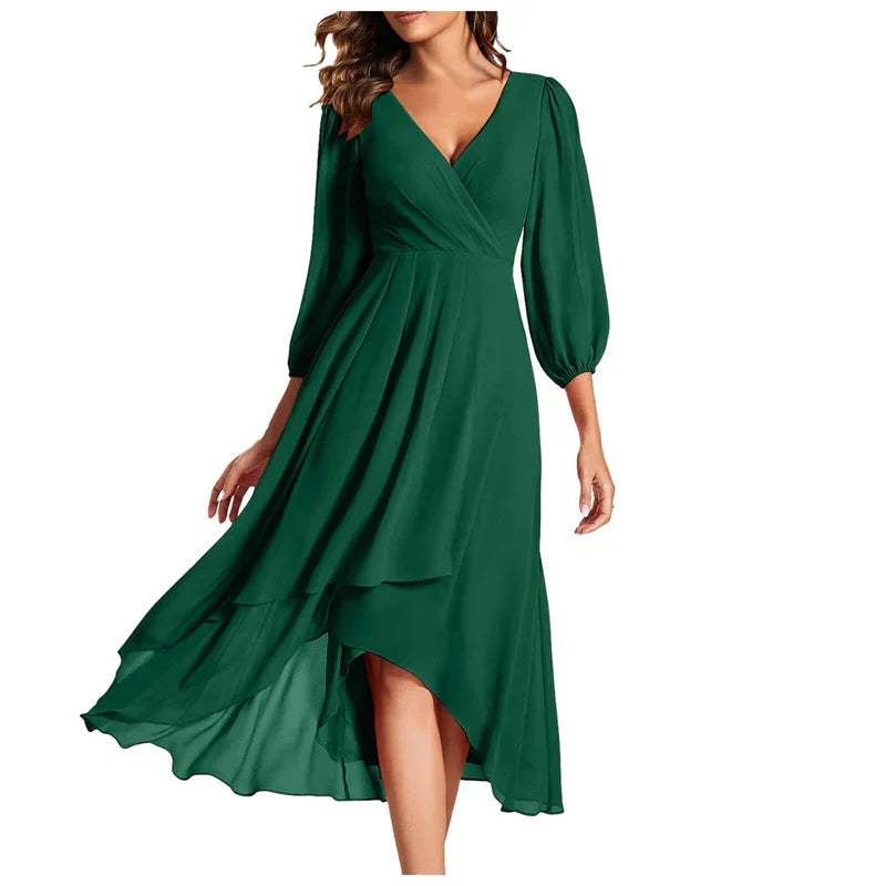 VITTORIA | Elegant dress with asymmetrical hem and flowing sleeves. Refined look for any occasion