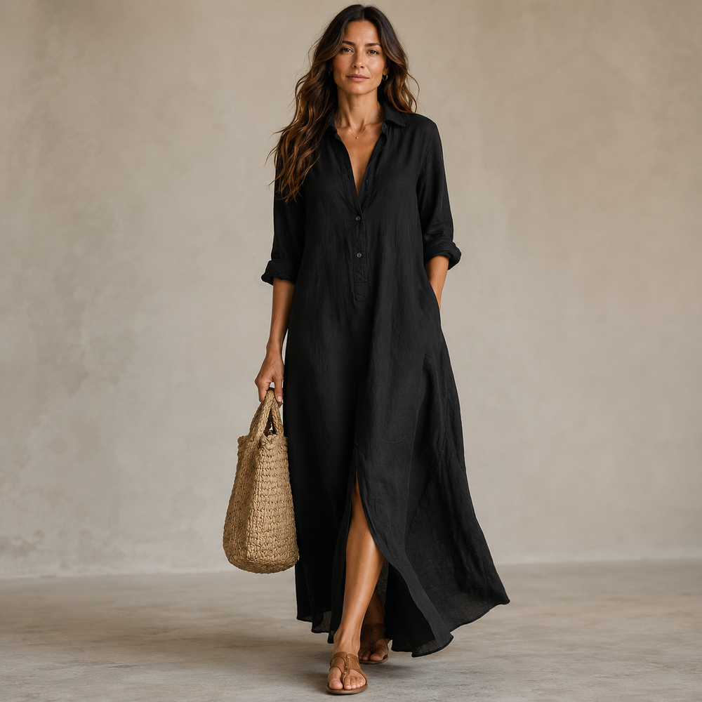 SOLINE | Loose Black Maxi Dress with Buttons
