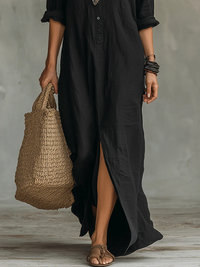 Soline™ | Maxi Black Dress with Buttons