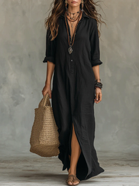 Soline™ | Maxi Black Dress with Buttons