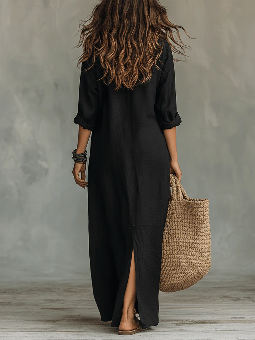 Soline™ | Maxi Black Dress with Buttons