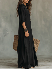 Soline™ | Maxi Black Dress with Buttons