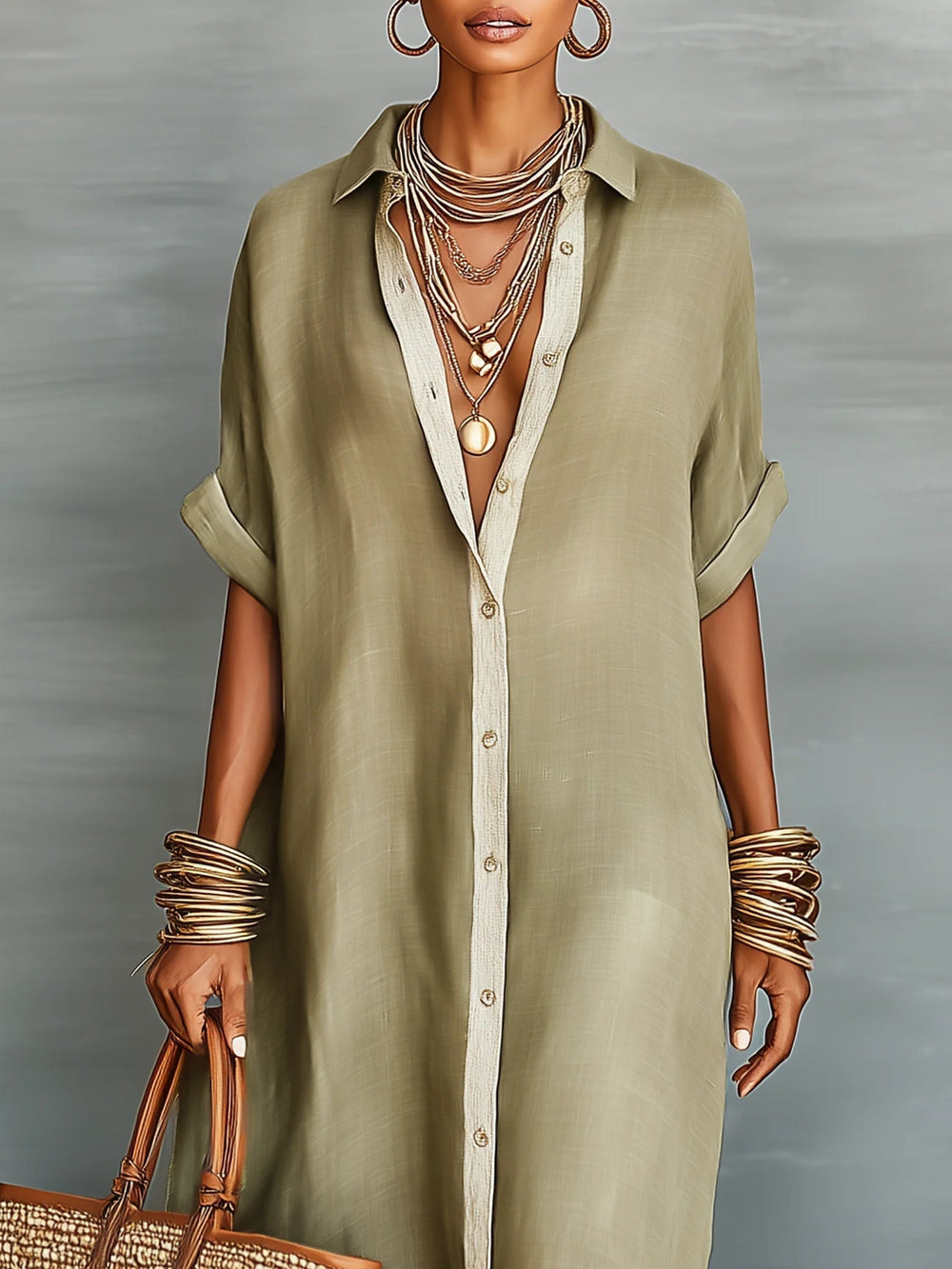 Manelle™ | Maxi Dress Olive Green with Minimalist Line