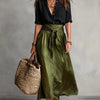 Vera™ | Two-Piece Set: Black T-Shirt and Olive Green Midi Skirt