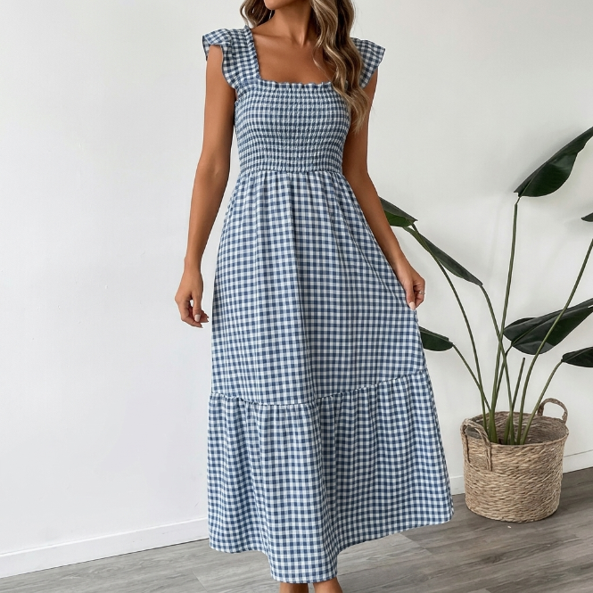 Vera | Maxi plaid dress with square neckline