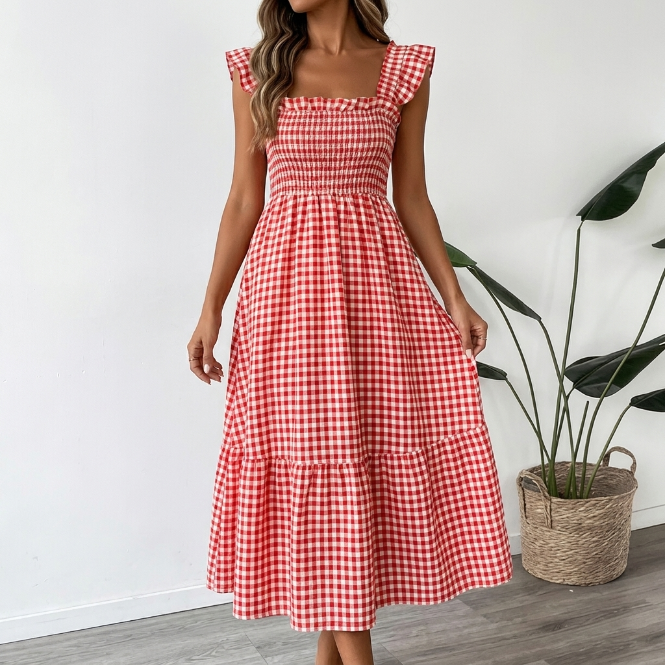 Vera | Maxi plaid dress with square neckline